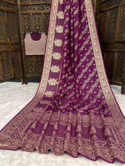 Scintillating Wine Banarasi Dola Silk Saree With Assemblage Blouse Piece