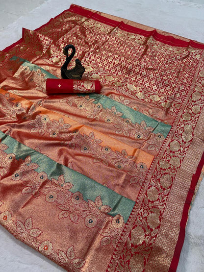 Designer Multicolor Pure Zari Weaving Banarasi Silk Saree With Demesne Blouse Piece