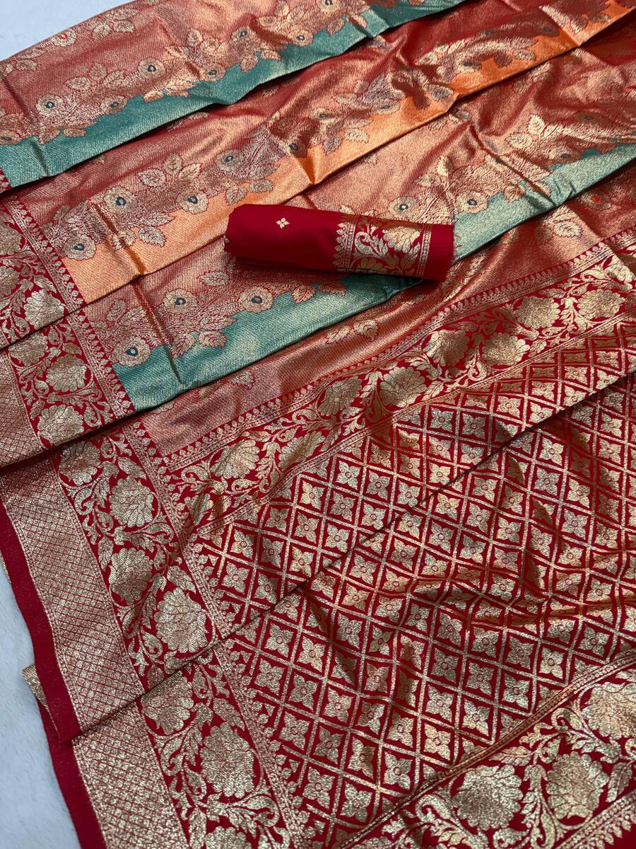 Designer Multicolor Pure Zari Weaving Banarasi Silk Saree With Demesne Blouse Piece