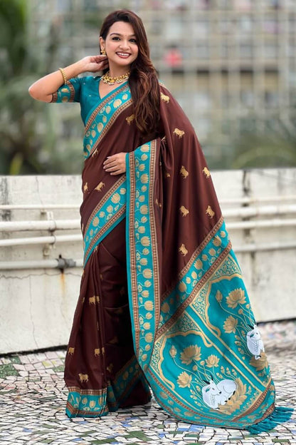 Exemplary Brown Banarasi Pichwai Silk Saree With Nectarous Blouse Piece