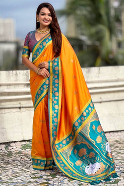 Majestic Orange Banarasi Pichwai Silk Saree With Grandiose Blouse Piece