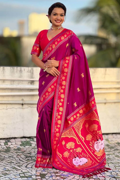 Surpassing Purple Banarasi Pichwai Silk Saree With Sensational Blouse Piece