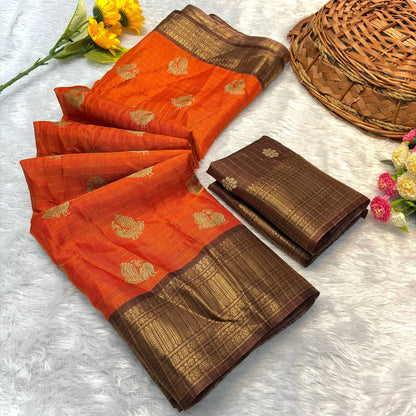 Assemblage Orange Banarasi Dola Silk Saree With Seraphic Blouse Piece