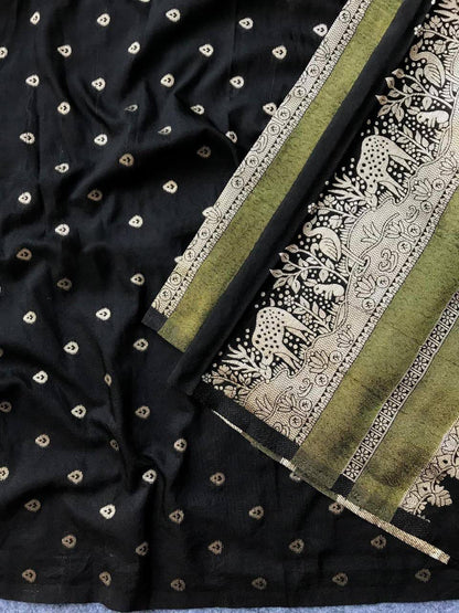 Forbearance Black Banarasi Dola Silk Saree With Girlish Blouse Piece