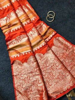 Nebula Orange Banarasi Dola Silk Saree With Precious Blouse Piece