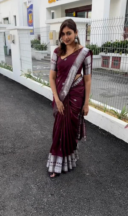 Beleaguer Wine Soft Silk Saree With Staring Blouse Piece