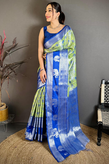 Blissful Pista Kanjivaram Silk Saree With Tremendous Blouse Piece