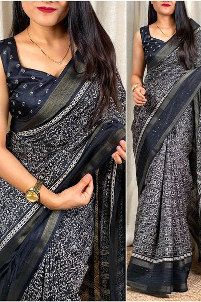 Cynosure Black Digital Printed Dola Silk Saree With Ebullience Blouse Piece