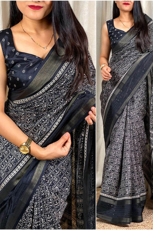 Load image into Gallery viewer, Cynosure Black Digital Printed Dola Silk Saree With Ebullience Blouse Piece
