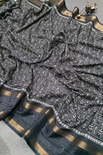 Cynosure Black Digital Printed Dola Silk Saree With Ebullience Blouse Piece