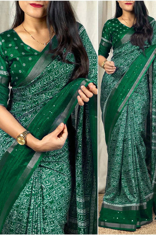 Load image into Gallery viewer, Nemesis Dark Green Digital Printed Dola Silk Saree With Demesne Blouse Piece
