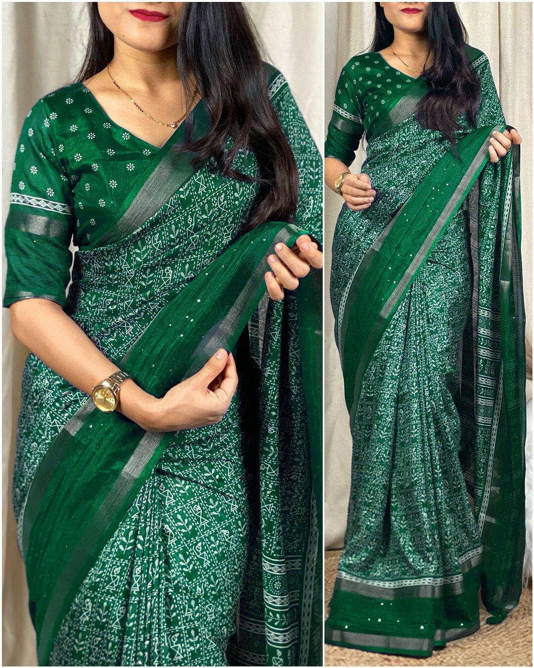 Nemesis Dark Green Digital Printed Dola Silk Saree With Demesne Blouse Piece