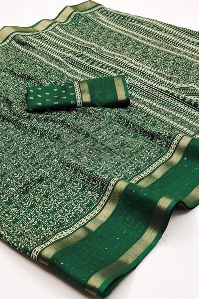 Nemesis Dark Green Digital Printed Dola Silk Saree With Demesne Blouse Piece