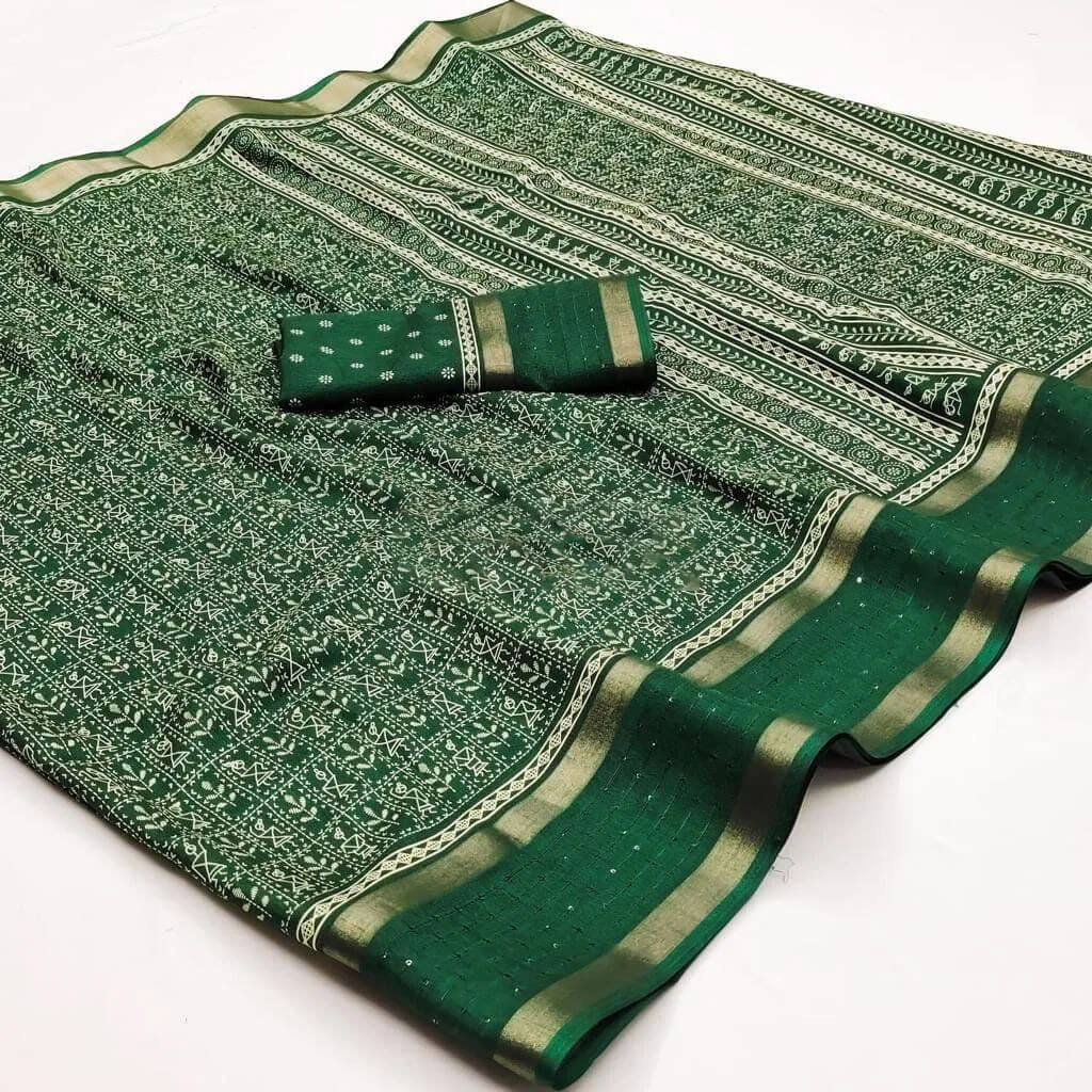 Nemesis Dark Green Digital Printed Dola Silk Saree With Demesne Blouse Piece