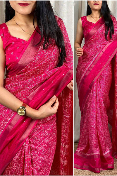Ailurophile Dark Pink Digital Printed Dola Silk Saree With Exquisite Blouse Piece