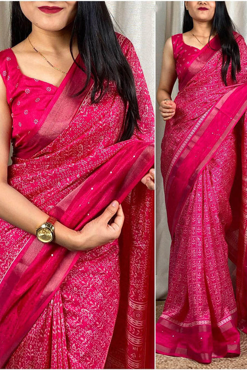 Load image into Gallery viewer, Ailurophile Dark Pink Digital Printed Dola Silk Saree With Exquisite Blouse Piece
