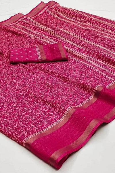 Ailurophile Dark Pink Digital Printed Dola Silk Saree With Exquisite Blouse Piece