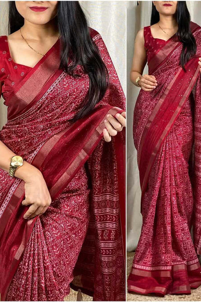 Mesmeric Maroon Digital Printed Dola Silk Saree With Arresting Blouse Piece