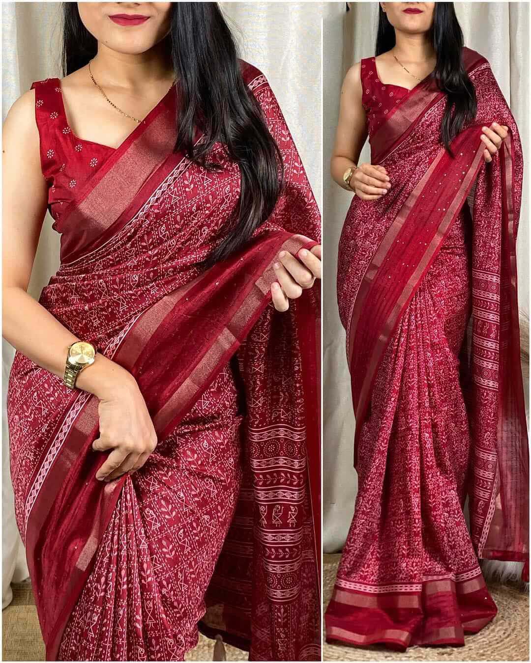 Mesmeric Maroon Digital Printed Dola Silk Saree With Arresting Blouse Piece