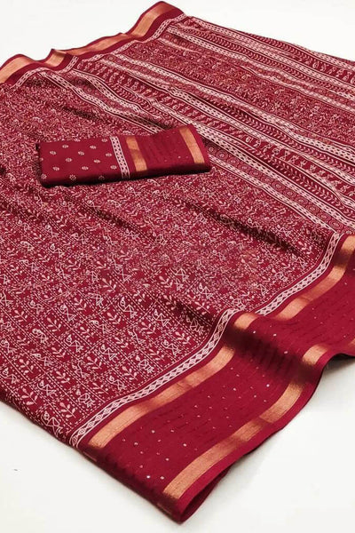 Mesmeric Maroon Digital Printed Dola Silk Saree With Arresting Blouse Piece