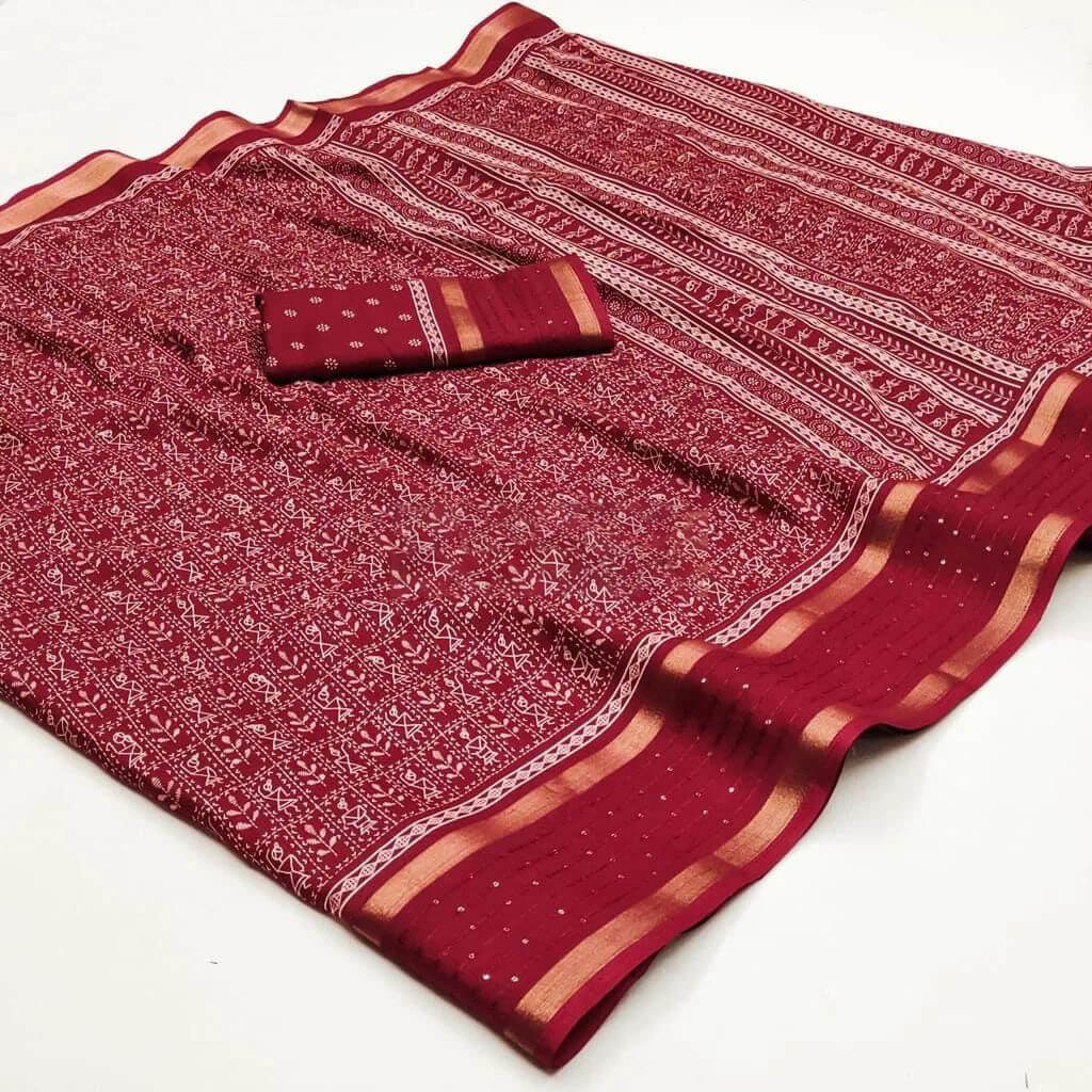 Mesmeric Maroon Digital Printed Dola Silk Saree With Arresting Blouse Piece