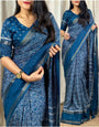 Intricate Rama Digital Printed Dola Silk Saree With Outstanding Blouse Piece