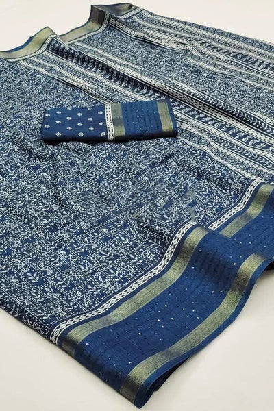 Intricate Rama Digital Printed Dola Silk Saree With Outstanding Blouse Piece