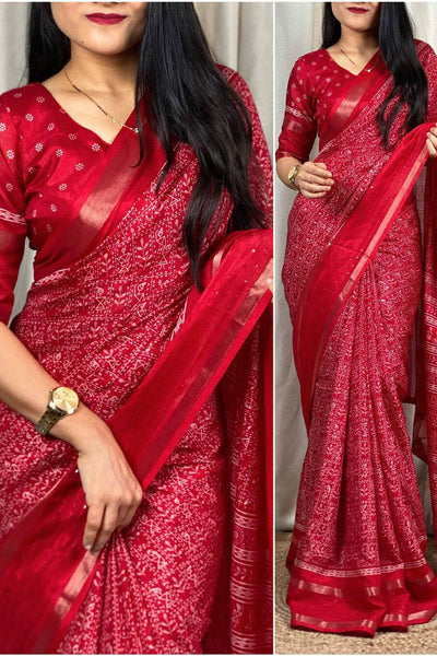 Sizzling Red Digital Printed Dola Silk Saree With Lovely Blouse Piece