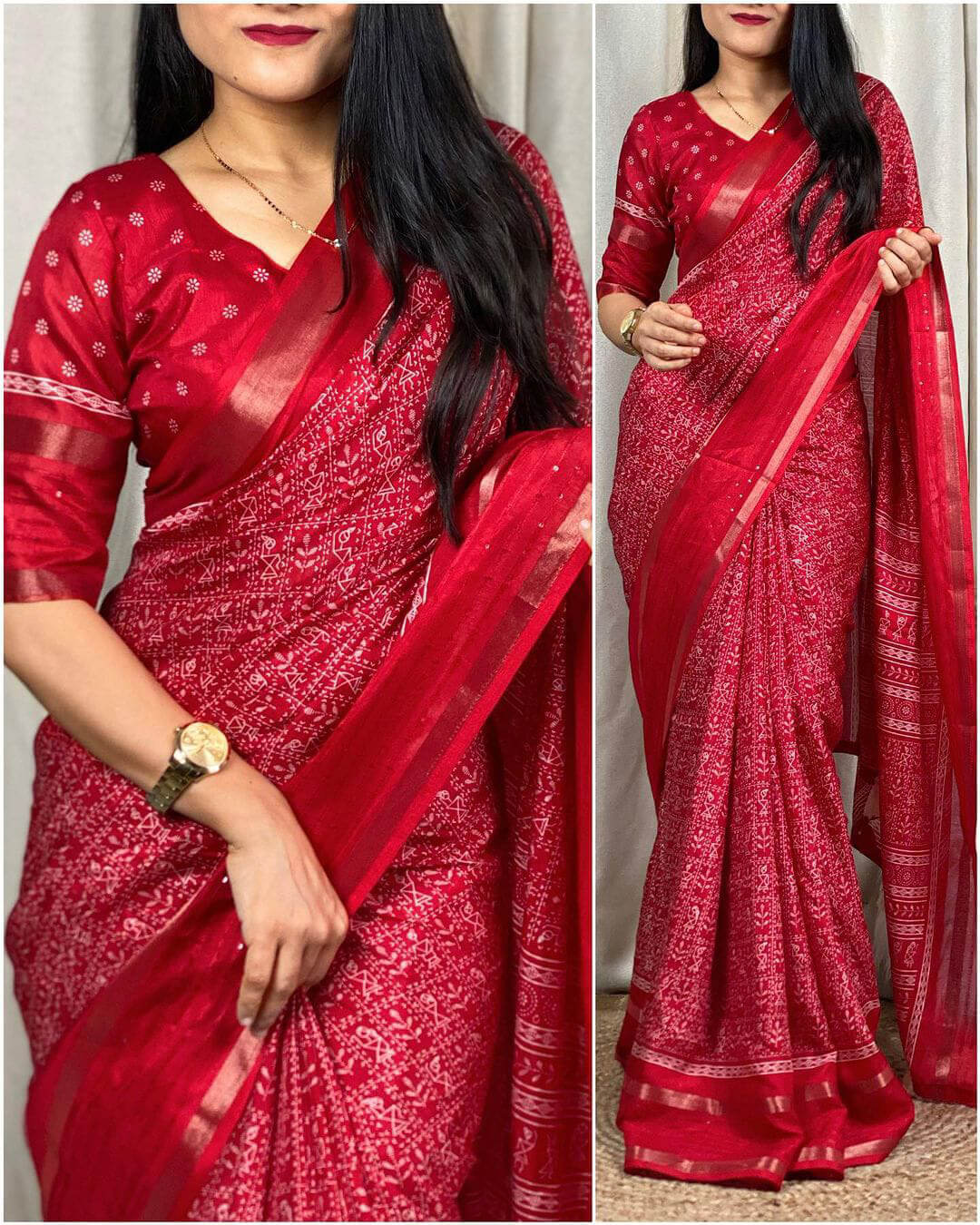 Sizzling Red Digital Printed Dola Silk Saree With Lovely Blouse Piece