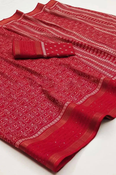 Sizzling Red Digital Printed Dola Silk Saree With Lovely Blouse Piece