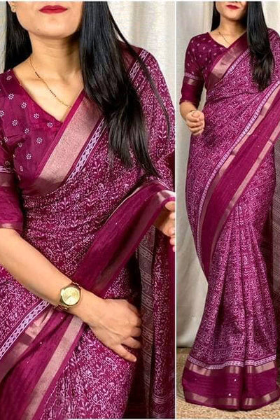 Precious Wine Digital Printed Dola Silk Saree With Amazing Blouse Piece