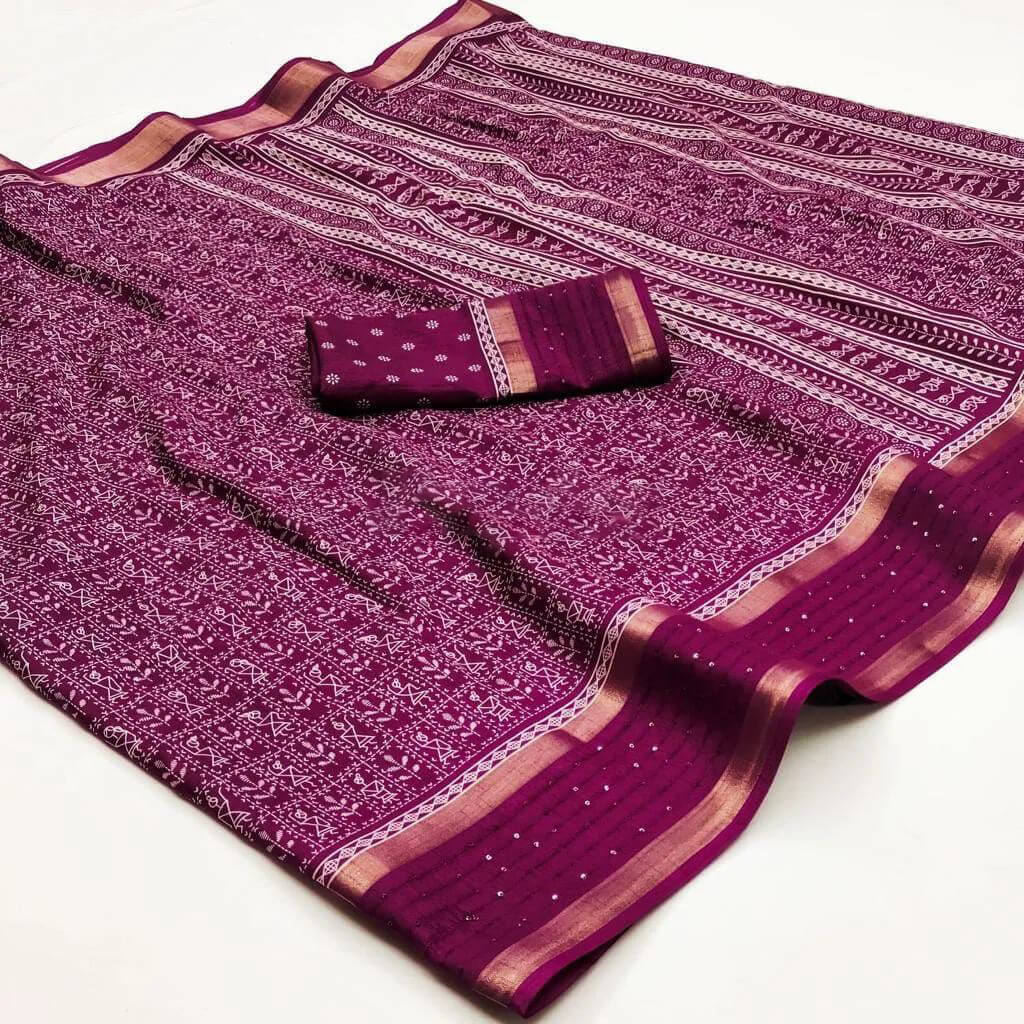 Precious Wine Digital Printed Dola Silk Saree With Amazing Blouse Piece