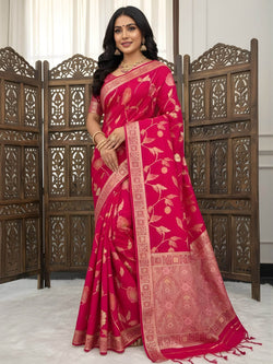 Most Flattering Dark Pink Banarasi Dola Silk Saree With Desultory Blouse Piece
