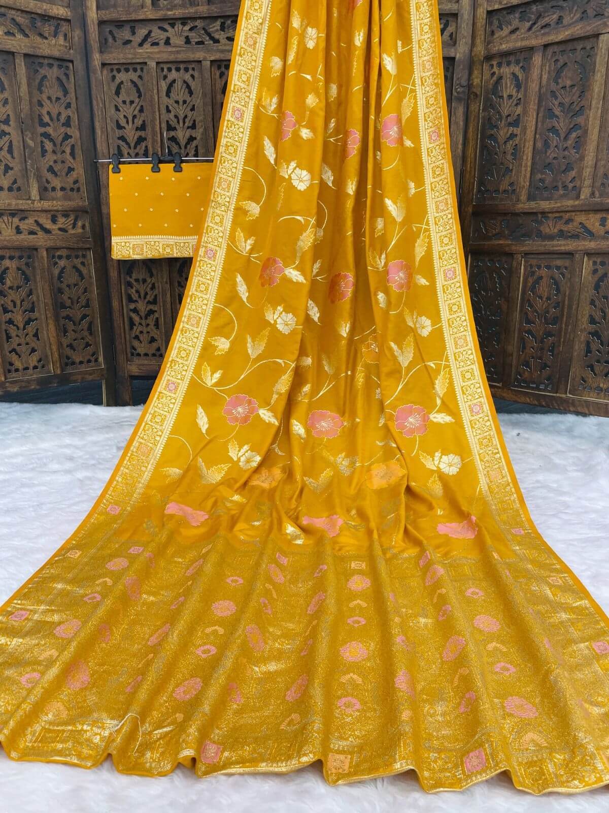 Breathtaking Mustard Banarasi Dola Silk Saree With Captivating Blouse Piece