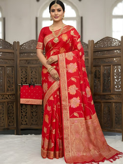 Forbearance Red Banarasi Dola Silk Saree With Symmetrical Blouse Piece