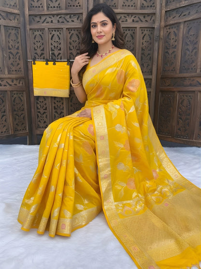 Incomparable Yellow Banarasi Dola Silk Saree With Vivacious Blouse Piece