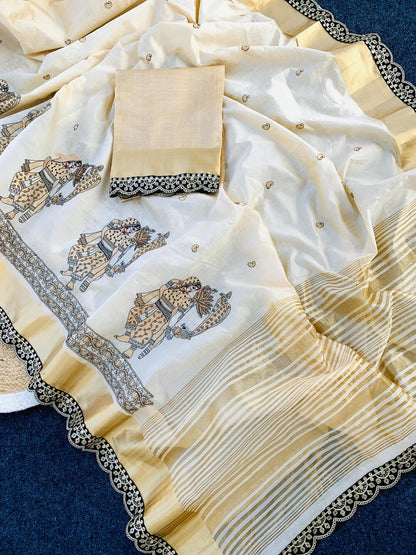 Snazzy Off White Kalamkari Thread Work Tussar Silk Saree With Opulent Blouse Piece