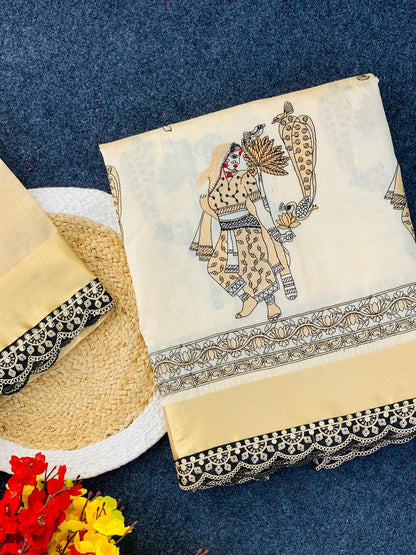 Snazzy Off White Kalamkari Thread Work Tussar Silk Saree With Opulent Blouse Piece