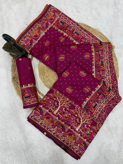 Embrocation Purple Pashmina Saree With Beauteous Blouse Piece