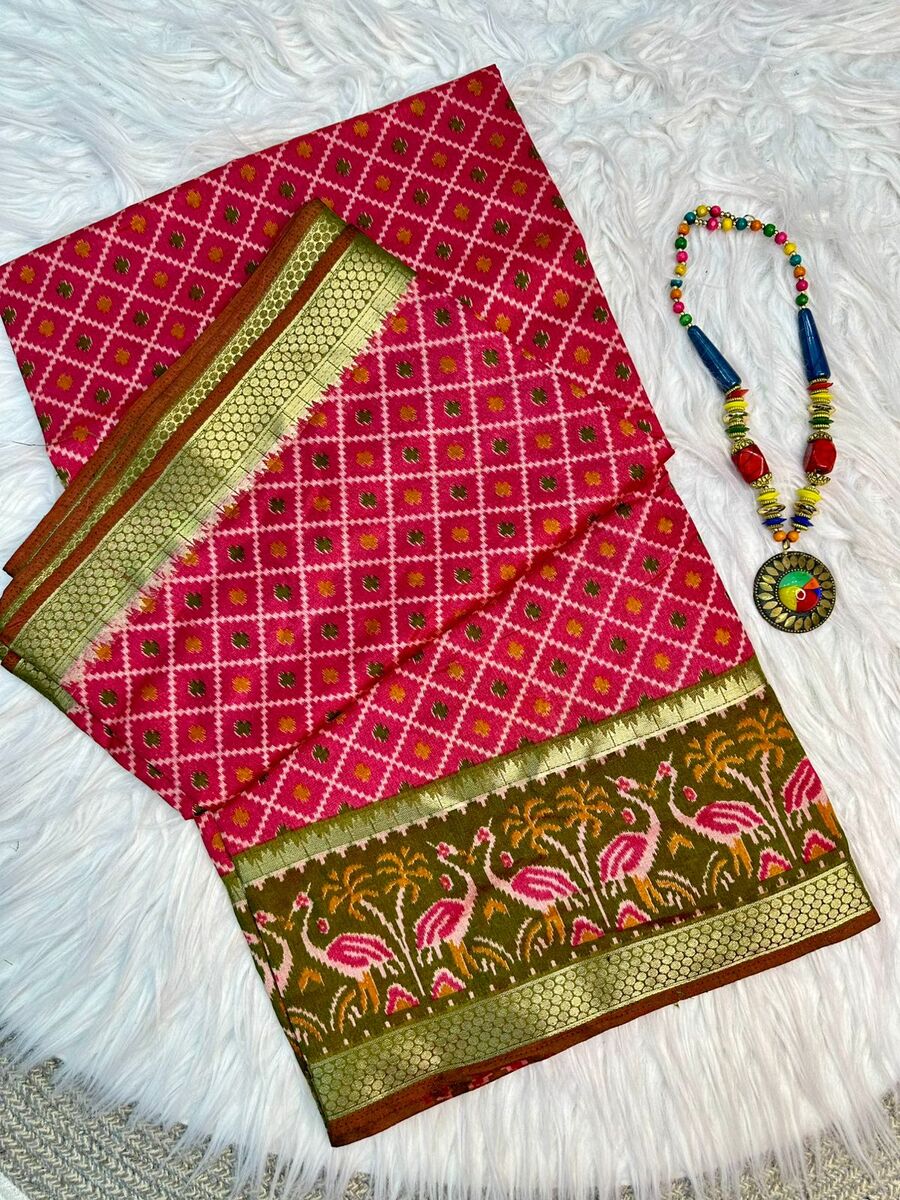 Glamorous Dark Pink Soft Printed Patola Silk Saree with Majestic Blouse Piece