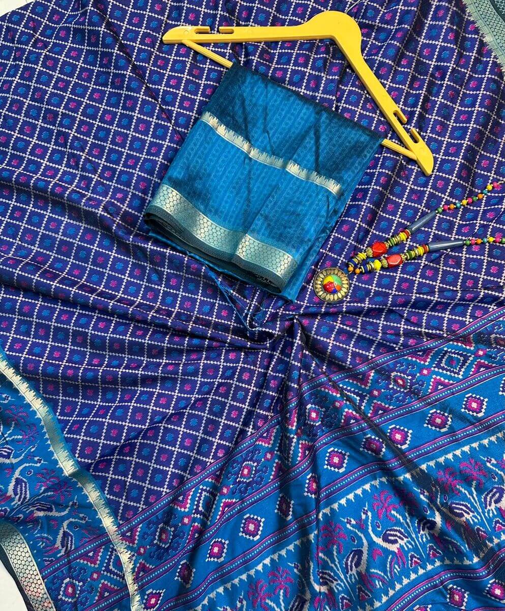 Trendy Navy Blue Soft Printed Patola Silk Saree with Flameboyant Blouse Piece
