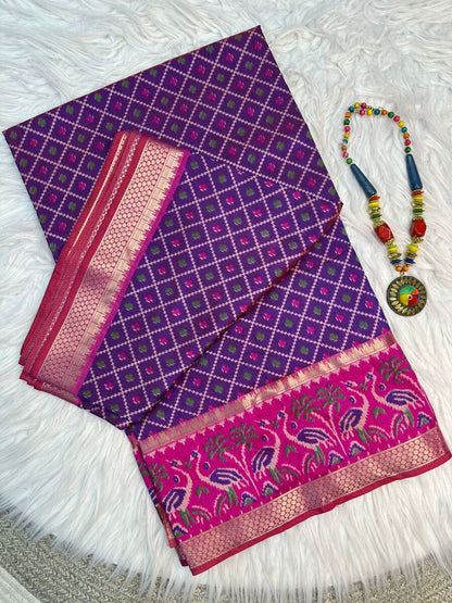 Beguiling Purple Soft Printed Patola Silk Saree with Outstanding Blouse Piece