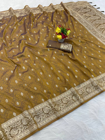 Girlish Mustard Pure Zari Weaving Banarasi Silk Saree With Eclat Blouse Piece