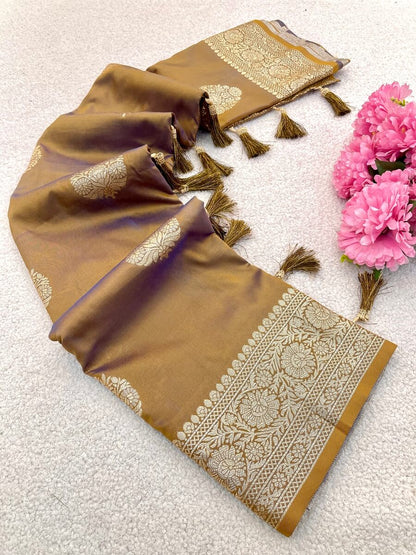 Conflate Mustard Pure Zari Weaving Banarasi Silk Saree With Enamoring Blouse Piece