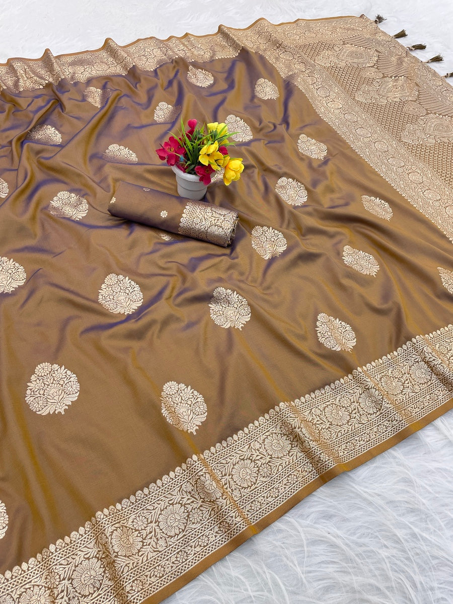 Conflate Mustard Pure Zari Weaving Banarasi Silk Saree With Enamoring Blouse Piece