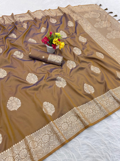 Conflate Mustard Pure Zari Weaving Banarasi Silk Saree With Enamoring Blouse Piece