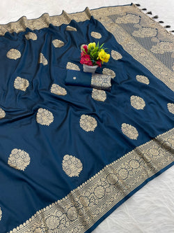 Vibrant Navy Blue Pure Zari Weaving Banarasi Silk Saree With Classic Blouse Piece