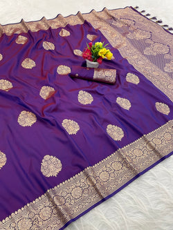 Dulcet Purple Pure Zari Weaving Banarasi Silk Saree With Dazzling Blouse Piece