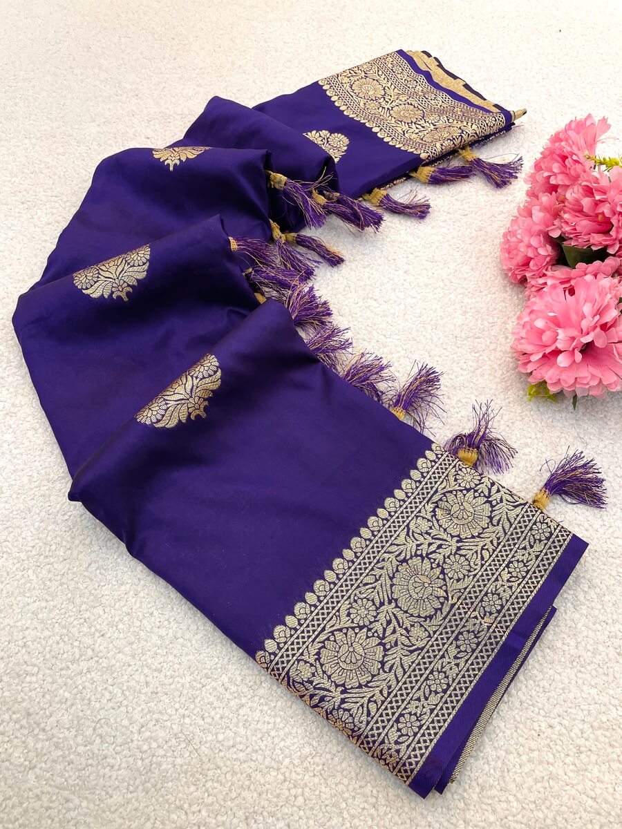 Energetic Royal Purple Pure Zari Weaving Banarasi Silk Saree With Ailurophile Blouse Piece