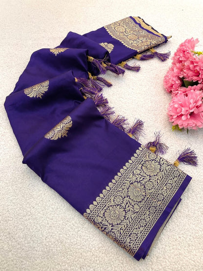 Energetic Royal Purple Pure Zari Weaving Banarasi Silk Saree With Ailurophile Blouse Piece